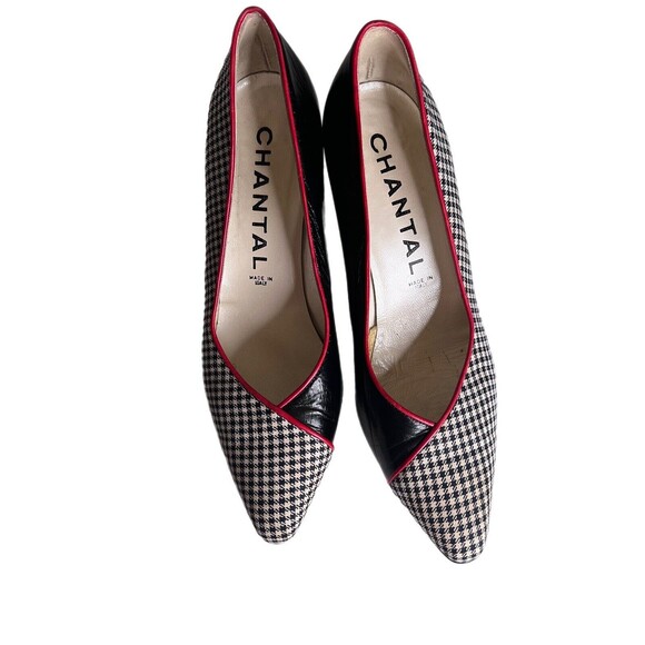 Vintage Chantal Italian Half Houndstooth Half Black Leather 3 Heels Red Trim 8.5 - Picture 3 of 10